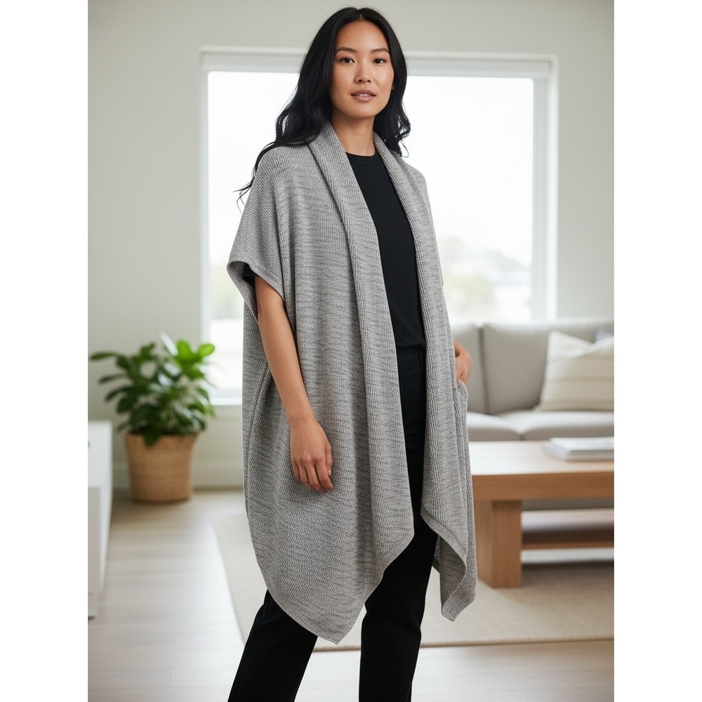 ATHLETA Cocoon Cardigan Sz L Gray Ribbed Knit Cozy Comfy Dorm Travel Lounge Yoga